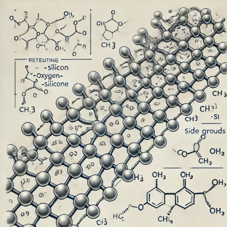 molecular structure illustration of silicone, showing the repeating si o si backbone and methyl side groups